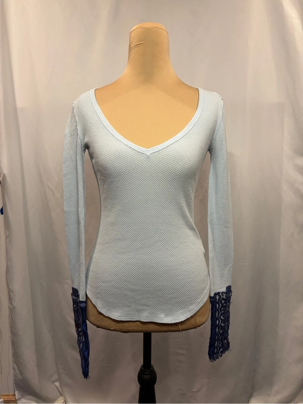 Free People Light Blue Long Sleeve Waffle Shirt